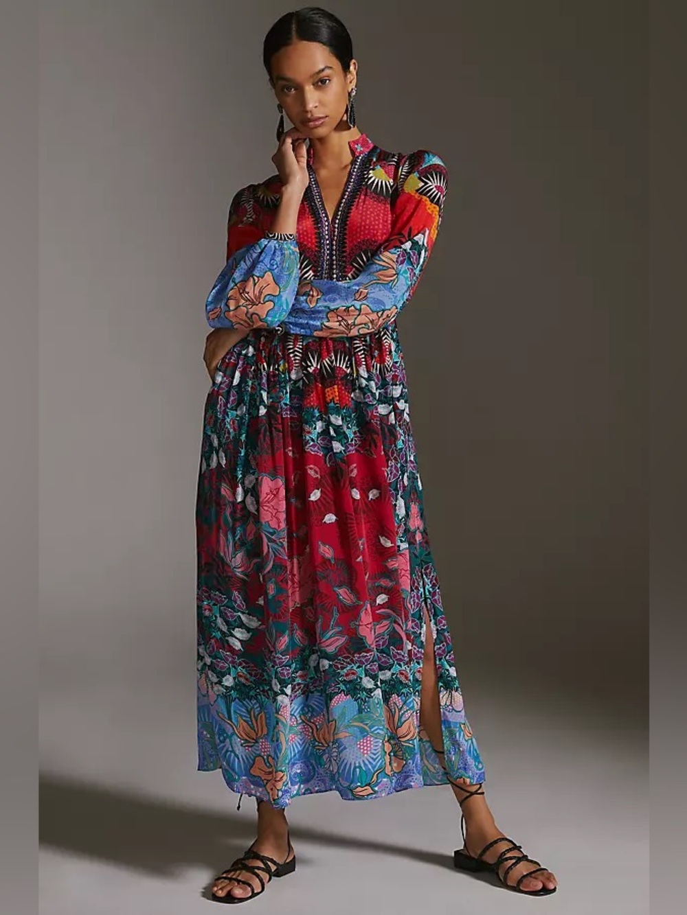 Anthropologie x Bhanuni by Jyoti Red Floral & Geometric Maxi Dress | Size 00|